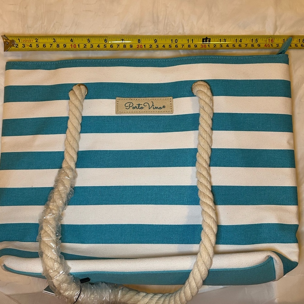 🚨SOLD🚨 Vino turquoise and Cream Striped Canvas Tote Beach Bag - Picture 6 of 8